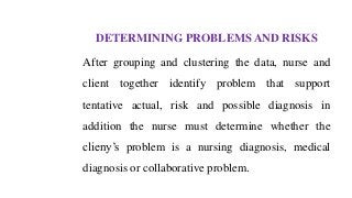 DETERMINING PROBLEMS AND RISKS
After grouping and clustering the data, nurse and
client together identify problem that support
tentative actual, risk and possible diagnosis in
addition the nurse must determine whether the
clieny’s problem is a nursing diagnosis, medical
diagnosis or collaborative problem.
 
