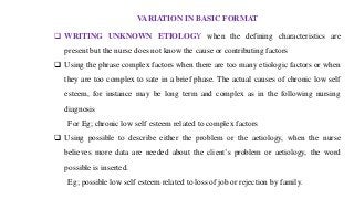 VARIATION IN BASIC FORMAT
❑ WRITING UNKNOWN ETIOLOGY when the defining characteristics are
present but the nurse does not know the cause or contributing factors
❑ Using the phrase complex factors when there are too many etiologic factors or when
they are too complex to sate in a brief phase. The actual causes of chronic low self
esteem, for instance may be long term and complex as in the following nursing
diagnosis
For Eg; chronic low self esteem related to complex factors
❑ Using possible to describe either the problem or the aetiology, when the nurse
believes more data are needed about the client’s problem or aetiology, the word
possible is inserted.
Eg; possible low self esteem related to loss of job or rejection by family.
 