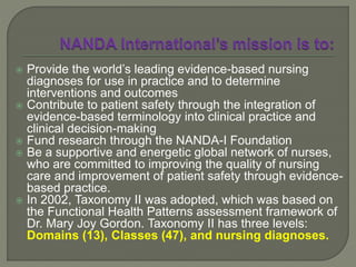  Provide the world’s leading evidence-based nursing
diagnoses for use in practice and to determine
interventions and outcomes
 Contribute to patient safety through the integration of
evidence-based terminology into clinical practice and
clinical decision-making
 Fund research through the NANDA-I Foundation
 Be a supportive and energetic global network of nurses,
who are committed to improving the quality of nursing
care and improvement of patient safety through evidence-
based practice.
 In 2002, Taxonomy II was adopted, which was based on
the Functional Health Patterns assessment framework of
Dr. Mary Joy Gordon. Taxonomy II has three levels:
Domains (13), Classes (47), and nursing diagnoses.
 