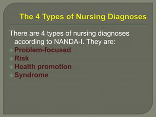 There are 4 types of nursing diagnoses
according to NANDA-I. They are:
Problem-focused
Risk
Health promotion
Syndrome
 