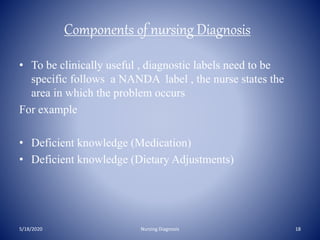 Components of nursing Diagnosis
• To be clinically useful , diagnostic labels need to be
specific follows a NANDA label , the nurse states the
area in which the problem occurs
For example
• Deficient knowledge (Medication)
• Deficient knowledge (Dietary Adjustments)
5/18/2020 18Nursing Diagnosis
 