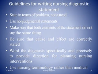 Guidelines for writing nursing diagnostic
statement
• State in terms of problem, not a need
• Use nonjudgmental statements
• Make sure that both elements of the statement do not
say the same thing
• Be sure that cause and effect are correctly
stated
• Word the diagnosis specifically and precisely
to provide direction for planning nursing
interventions
• Use nursing terminology rather than medical
5/18/2020 25Nursing Diagnosis
 