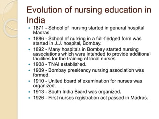 Evolution of nursing education in
India
 1871 - School of nursing started in general hospital
Madras.
 1886 - School of nursing in a full-fledged form was
started in J.J. hospital, Bombay.
 1892 - Many hospitals in Bombay started nursing
associations which were intended to provide additional
facilities for the training of local nurses.
 1908 - TNAI established.
 1909 - Bombay presidency nursing association was
formed.
 1910 - United board of examination for nurses was
organized.
 1913 - South India Board was organized.
 1926 - First nurses registration act passed in Madras.
 