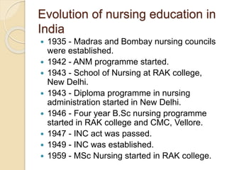Evolution of nursing education in
India
 1935 - Madras and Bombay nursing councils
were established.
 1942 - ANM programme started.
 1943 - School of Nursing at RAK college,
New Delhi.
 1943 - Diploma programme in nursing
administration started in New Delhi.
 1946 - Four year B.Sc nursing programme
started in RAK college and CMC, Vellore.
 1947 - INC act was passed.
 1949 - INC was established.
 1959 - MSc Nursing started in RAK college.
 