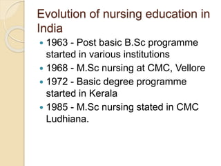 Evolution of nursing education in
India
 1963 - Post basic B.Sc programme
started in various institutions
 1968 - M.Sc nursing at CMC, Vellore
 1972 - Basic degree programme
started in Kerala
 1985 - M.Sc nursing stated in CMC
Ludhiana.
 