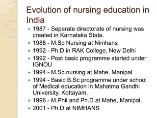Evolution of nursing education in
India
 1987 - Separate directorate of nursing was
created in Karnataka State.
 1988 - M.Sc Nursing at Nimhans
 1992 - Ph.D in RAK College, New Delhi
 1992 - Post basic programme started under
IGNOU
 1994 - M.Sc nursing at Mahe, Manipal
 1994 - Basic B.Sc programme under school
of Medical education in Mahatma Gandhi
University, Kottayam.
 1996 - M.Phil and Ph.D at Mahe, Manipal.
 2001 - Ph.D at NIMHANS
 