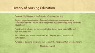 History of Nursing Education
▪ Florence Nightingale is the founder of modern nursing
▪ Began the professionalism of nurses by insisting nursing was not a
“charitable service” but rather a “respected occupation requiring advanced
education”.
▪ First training schools for nurses in United States were hospital based
diploma programs.
▪ Each school had its own standards and requirements, no national
certification
▪ Purpose of diploma programs was to staff the hospitals that provided them
(Black, 2017, p68)
 