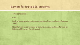 Barriers for RN to BSN students
▪ Time constraints
▪ Cost
▪ Lack of monetary incentive or recognition from employers (Spencer,
2008).
▪ No difference in percentage of complex nursing tasks performed by
BSN or ADN nurses (Smith, 2002).
 