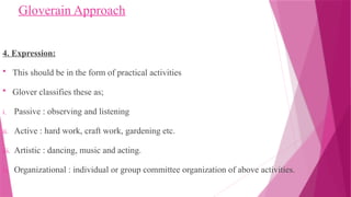 Gloverain Approach
4. Expression:
 This should be in the form of practical activities
 Glover classifies these as;
i. Passive : observing and listening
ii. Active : hard work, craft work, gardening etc.
iii. Artistic : dancing, music and acting.
iv. Organizational : individual or group committee organization of above activities.
 