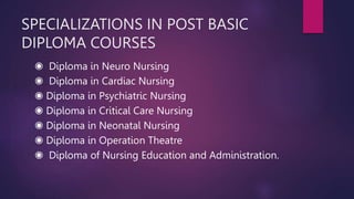 SPECIALIZATIONS IN POST BASIC
DIPLOMA COURSES
◉ Diploma in Neuro Nursing
◉ Diploma in Cardiac Nursing
◉ Diploma in Psychiatric Nursing
◉ Diploma in Critical Care Nursing
◉ Diploma in Neonatal Nursing
◉ Diploma in Operation Theatre
◉ Diploma of Nursing Education and Administration.
 