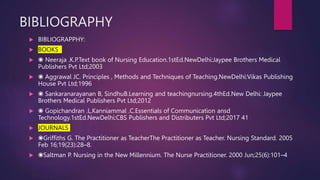 BIBLIOGRAPHY
 BIBLIOGRAPPHY:
 BOOKS
 ◉ Neeraja .K.P.Text book of Nursing Education.1stEd.NewDelhi:Jaypee Brothers Medical
Publishers Pvt Ltd;2003
 ◉ Aggrawal JC. Principles , Methods and Techniques of Teaching.NewDelhi:Vikas Publishing
House Pvt Ltd;1996
 ◉ Sankaranarayanan B, SindhuB.Learning and teachingnursing.4thEd.New Delhi: Jaypee
Brothers Medical Publishers Pvt Ltd;2012
 ◉ Gopichandran .L,Kanniammal .C.Essentials of Communication ansd
Technology.1stEd.NewDelhi:CBS Publishers and Distributers Pvt Ltd;2017 41
 JOURNALS
 ◉Griffiths G. The Practitioner as TeacherThe Practitioner as Teacher. Nursing Standard. 2005
Feb 16;19(23):28–8.
 ◉Saltman P. Nursing in the New Millennium. The Nurse Practitioner. 2000 Jun;25(6):101–4
 