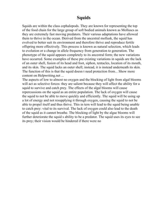 Squids
Squids are within the class cephalopods. They are known for representing the top
of the food chain for the large group of soft bodied animals known as Molluscs as
they are extremely fast moving predators. Their various adaptations have allowed
them to thrive in the ocean. Derived from the ancestral mollusk, the squid has
evolved to better suit its environment and therefore thrive and reproduce fertile
offspring more effectively. This process is known as natural selection, which leads
to evolution or a change in allele frequency from generation to generation. The
phenotype of the squid appears completely to its ancestral form; the new variations
have occurred. Some examples of these pre existing variations in squids are the lack
of an outer shell, fusion of its head and foot, siphon, tentacles, location of its mouth,
and its skin. The squid lacks an outer shell; instead, it is instead underneath its skin.
The function of this is that the squid doesn t need protection from... Show more
content on Helpwriting.net ...
The aspects of low to almost no oxygen and the blocking of light from algal blooms
will act as selective forces: they are salient because they will affect the ability for a
squid to survive and catch prey. The effects of the algal blooms will cause
repercussions on the squid as an entire population. The lack of oxygen will cause
the squid to not be able to move quickly and efficiently. The squid will be using up
a lot of energy and not resupplying it through oxygen, causing the squid to not be
able to propel itself and thus thrive. This in tern will lead to the squid being unable
to catch prey: vital to its survival. The lack of oxygen could also lead to the death
of the squid as it cannot breathe. The blocking of light by the algae blooms will
further deteriorate the squid s ability to be a predator. The squid uses its eyes to see
its prey; their vision would be hindered if there were no
 