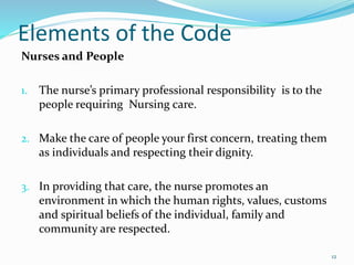 Elements of the Code
Nurses and People
1. The nurse’s primary professional responsibility is to the
people requiring Nursing care.
2. Make the care of people your first concern, treating them
as individuals and respecting their dignity.
3. In providing that care, the nurse promotes an
environment in which the human rights, values, customs
and spiritual beliefs of the individual, family and
community are respected.
12
 