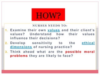 NURSES NEEDS TO:
1. Examine their own values and their client’s
values? Understand how their values
influence their decisions?
2. Develop sensitivity to the ethical
dimensions of nursing practice?
3. Think ahead what are the possible moral
problems they are likely to face?
HOW?
 