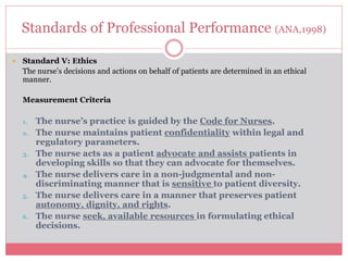 Standards of Professional Performance (ANA,1998)
 Standard V: Ethics
The nurse’s decisions and actions on behalf of patients are determined in an ethical
manner.
Measurement Criteria
1. The nurse’s practice is guided by the Code for Nurses.
2. The nurse maintains patient confidentiality within legal and
regulatory parameters.
3. The nurse acts as a patient advocate and assists patients in
developing skills so that they can advocate for themselves.
4. The nurse delivers care in a non-judgmental and non-
discriminating manner that is sensitive to patient diversity.
5. The nurse delivers care in a manner that preserves patient
autonomy, dignity, and rights.
6. The nurse seek, available resources in formulating ethical
decisions.
 