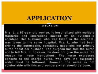 S I T U A T I O N
Mrs. L, a 67-year-old woman, is hospitalized with multiple
fractures and lacerations caused by an automobile
accident. Her husband, who was killed in the accident,
was taken to the same hospital. Mrs. L, who had been
driving the automobile, constantly questions her primary
nurse about her husband. The surgeon has told the nurse
not to tell Mrs. L; however, he does not give the nurse the
reason for these instructions. The nurse expresses
concern to the charge nurse, who says the surgeon’s
order must be followed. However, the nurse is not
comfortable with this and wonders what should be done.
APPLICATION
 