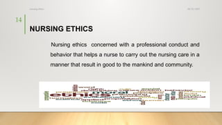 08/25/2025
nursing ethics
14
NURSING ETHICS
Nursing ethics concerned with a professional conduct and
behavior that helps a nurse to carry out the nursing care in a
manner that result in good to the mankind and community.
(clement 2013)
 