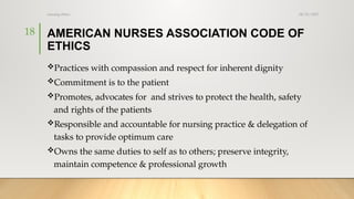 08/25/2025
nursing ethics
18 AMERICAN NURSES ASSOCIATION CODE OF
ETHICS
Practices with compassion and respect for inherent dignity
Commitment is to the patient
Promotes, advocates for and strives to protect the health, safety
and rights of the patients
Responsible and accountable for nursing practice & delegation of
tasks to provide optimum care
Owns the same duties to self as to others; preserve integrity,
maintain competence & professional growth
 