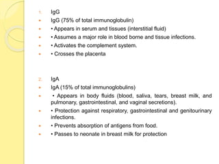 1. IgG
 IgG (75% of total immunoglobulin)
 • Appears in serum and tissues (interstitial fluid)
 • Assumes a major role in blood borne and tissue infections.
 • Activates the complement system.
 • Crosses the placenta
2. IgA
 IgA (15% of total immunoglobulins)
 • Appears in body fluids (blood, saliva, tears, breast milk, and
pulmonary, gastrointestinal, and vaginal secretions).
 • Protection against respiratory, gastrointestinal and genitourinary
infections.
 • Prevents absorption of antigens from food.
 • Passes to neonate in breast milk for protection
 