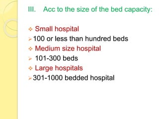 III. Acc to the size of the bed capacity:
 Small hospital
100 or less than hundred beds
 Medium size hospital
 101-300 beds
 Large hospitals
301-1000 bedded hospital
 