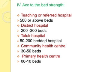 IV. Acc to the bed strength:
 Teaching or referred hospital
500 or above beds
 District hospital
 200 -300 beds
 Taluk hospital
50-200 bedded hospital
 Community health centre
 30-50 beds
 Primary health centre
 06-10 beds
 