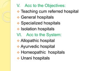 V. Acc to the Objectives:
 Teaching cum referred hospital
 General hospitals
 Specialized hospitals
 Isolation hospitals
VI. Acc to the System:
 Allopathic hospital
 Ayurvedic hospital
 Homeopathic hospitals
 Unani hospitals
 