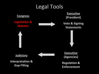 Legal Tools Congress Legislation & Statutes Executive  (President) Veto & Signing Statements Executive  (Agencies) Regulation & Enforcement Judiciary Interpretation & Gap Filling 