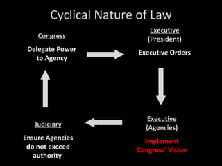 Cyclical Nature of Law Congress Delegate Power to Agency Executive  (President) Executive Orders Executive  (Agencies) Implement Congress’ Vision Judiciary Ensure Agencies do not exceed authority  