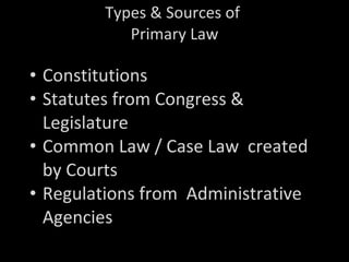 Types & Sources of  Primary Law Constitutions Statutes from Congress & Legislature Common Law / Case Law  created by Courts Regulations from  Administrative Agencies 