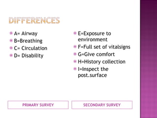 PRIMARY SURVEY SECONDARY SURVEY A= Airway B=Breathing C= Circulation D= Disability E=Exposure to environment F=Full set of vitalsigns G=Give comfort  H=History collection I=Inspect the post.surface 