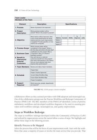230 II: Point-of-Care Technology
collaborative efforts as they assisted providers with EHR adoption and meaningful use.
One of the collaborative groups was the Practice Workflow and Redesign Community of
Practice (PWR CoP). The REC members of the PWR CoP identified a series of priority
ambulatory workflows and developed workflow diagrams to be used in assisting pro-
viders with workflow redesign, meaningful use, and quality improvement.
Steps to Workflow Redesign
The steps to workflow redesign developed within the Community of Practices (CoPs)
and utilized by organizations across the nation follow a series of steps. We highlight and
define those steps in the following section.
Identify Process to Be Mapped
Select the process that will be the focus of your improvement work. Start with the work-
flows that cause a majority of issues or involve the main service that you provide. That
Team Leader
Members of the Team
Element Description Specifications
1. Process Name of process to be improved.
2. Project
Description
3. Objective
What metrics will be improved, what
is the current performance for those
metrics and how much improvement
is targeted? Provide specifics on how
metrics are computed.
Metrics Current GOAL
%
Improve units
Metric 1
Metric 2
Metric 3
4. Process Scope
Which process steps will be
considered in this project? What is
the first step and what is the last step?
5. Business Case
Justification for this project: Why is
it important? Why is it critical to
business success?
6. Benefit to
Internal and
External
Customers
How will internal or external
customers benefit from this project?
How does improvement in the metrics
that you have selected help them
improve their performance?
7. Team Members Names and roles of team members.
8. Schedule
Project Start
Project Charter Approved
Current State Workflow Map
Future State Workflow Map
Project Completion
9. Support
Required
What resources, people, departments
are required?
What practical problem will be
solved? What is the project’s purpose?
FIGURE 9.2. LEAN project charter template.
 