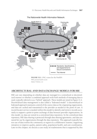 11: Electronic Health Records and Health Information Exchanges 267
ARCHITECTURAL AND DATA-EXCHANGE MODELS FOR HIE
HIE can vary depending on whether data are managed in a centralized or decentral-
ized manner or whether a combined approach with both methods of managing data is
used, typically referred to as a “hybrid” approach. These models are noted in Figure 11.2.
Decentralized data management is also called a “federated model.” A decentralized or
federated approach maintains control of the source data at the originating organization,
and data are cached and transmitted to the provider as needed at the point of care. A
record-locator service is needed within this model to identify and retrieve records accu-
rately to support a point-to-point exchange of data between provider organizations. In
this model, no data are stored in a centralized data repository. In the centralized data
repository, HIE data sharing is protected through data-sharing agreements, and data are
stored for use by organizations through the data repository. This approach typically fos-
ters use of data within the community or region in a collaborative manner, supporting
initiatives to improve quality, patient safety, population health, and care coordination.
Later in this chapter, we discuss a case study on readmissions that is supported by this
The Nationwide Health Information Network
Mobilizing Health Information Nationwide
Health Bank or
PHR Support
Organization
State
and Local
Government
Community
Health
Centers
Community #2
Pharmacies
Integrated
Delivery
System
Labs
Community
#1
Standards, Specifications,
and Agreements for
Secure Connections
The Internet
H
H H
Gov
SSA
VA
DoD
IHS
CDC
Bank
FIGURE 11.1. ONC vision for the NwHIN.
PHR, personal health record.
Source: Fridsma, n.d.
 