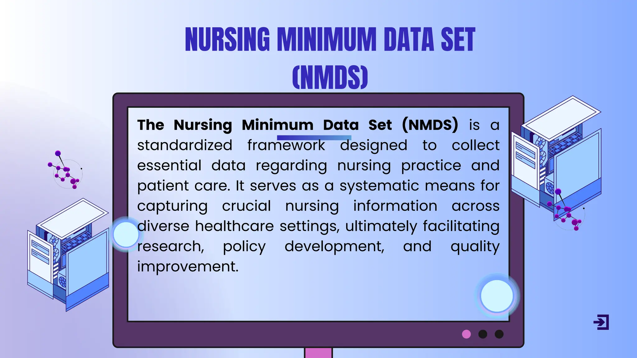 NURSING MINIMUM DATA SET
(NMDS)
The Nursing Minimum Data Set (NMDS) is a
standardized framework designed to collect
essential data regarding nursing practice and
patient care. It serves as a systematic means for
capturing crucial nursing information across
diverse healthcare settings, ultimately facilitating
research, policy development, and quality
improvement.
 