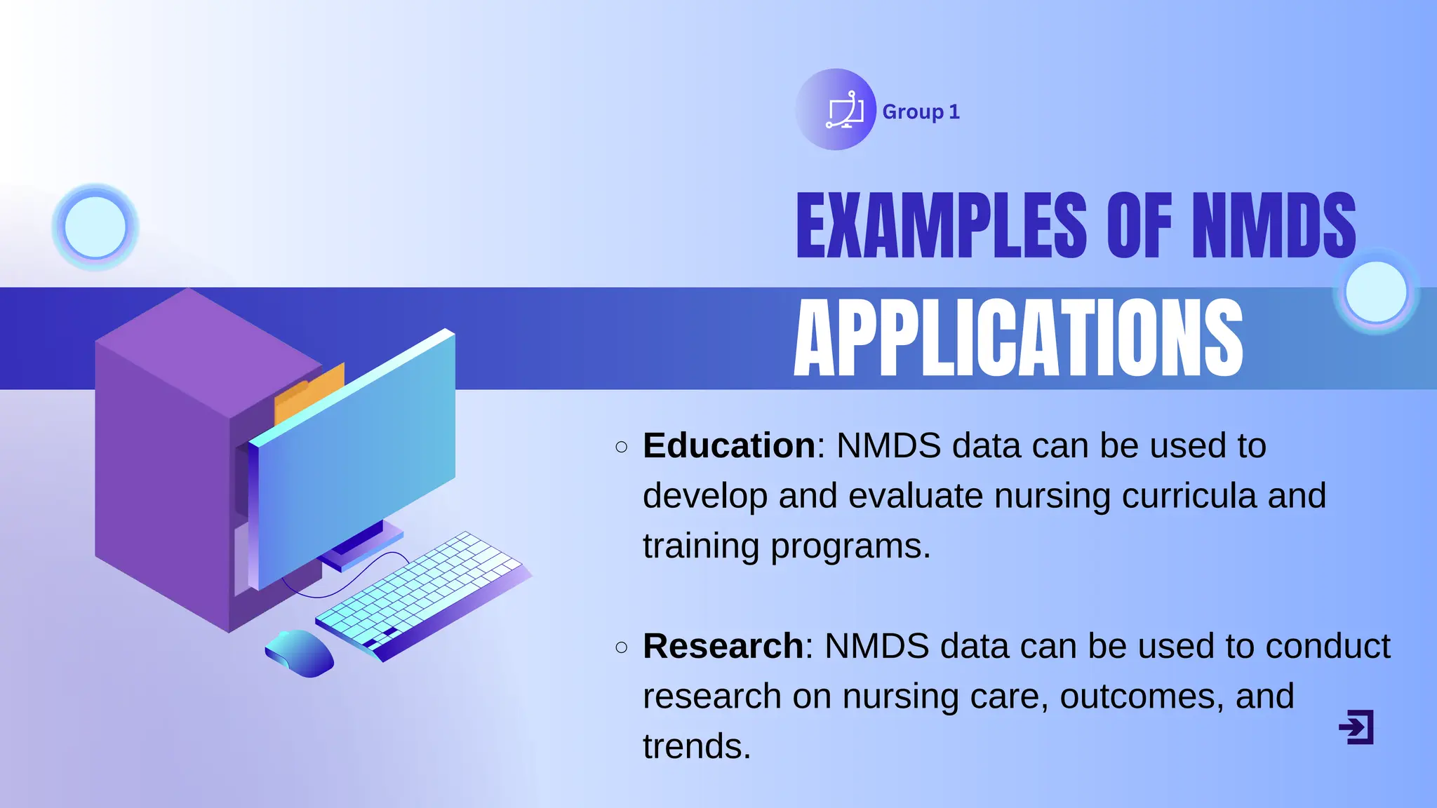 Group 1
EXAMPLES OF NMDS
APPLICATIONS
Education: NMDS data can be used to
develop and evaluate nursing curricula and
training programs.
Research: NMDS data can be used to conduct
research on nursing care, outcomes, and
trends.
 