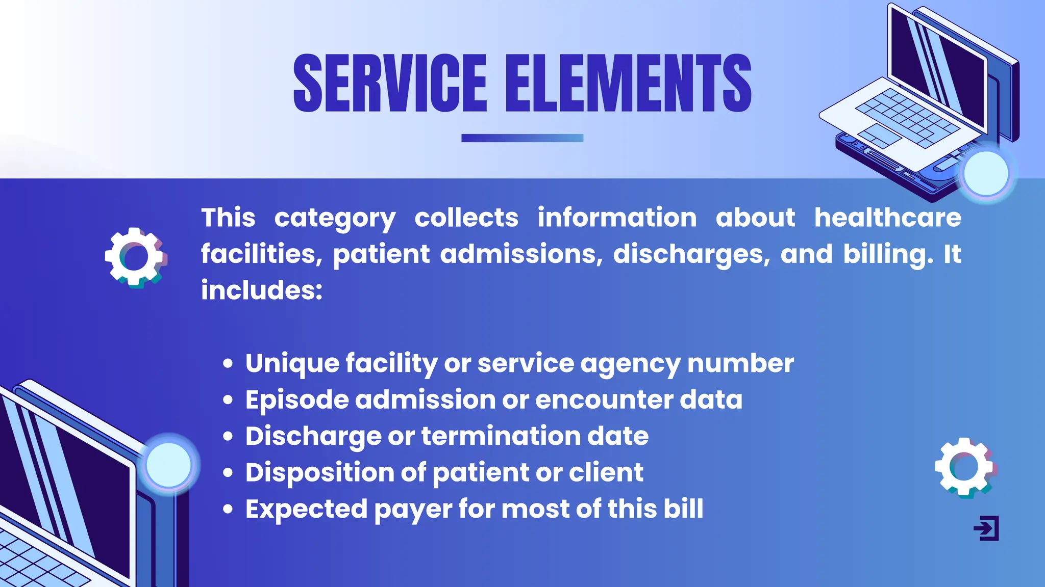 This category collects information about healthcare
facilities, patient admissions, discharges, and billing. It
includes:
Unique facility or service agency number
Episode admission or encounter data
Discharge or termination date
Disposition of patient or client
Expected payer for most of this bill
SERVICE ELEMENTS
 