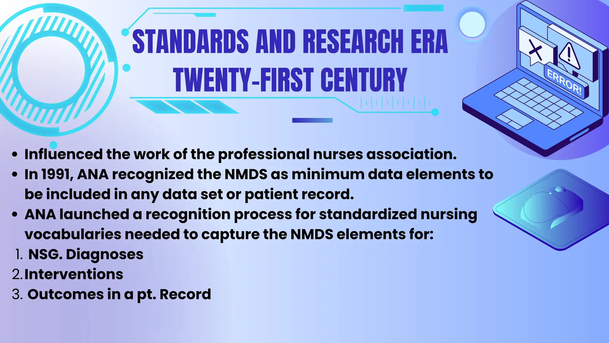 STANDARDS AND RESEARCH ERA
TWENTY-FIRST CENTURY
Influenced the work of the professional nurses association.
In 1991, ANA recognized the NMDS as minimum data elements to
be included in any data set or patient record.
ANA launched a recognition process for standardized nursing
vocabularies needed to capture the NMDS elements for:
NSG. Diagnoses
1.
Interventions
2.
Outcomes in a pt. Record
3.
 