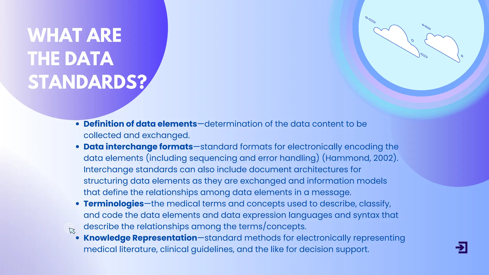 WHAT ARE
THE DATA
STANDARDS?
Definition of data elements—determination of the data content to be
collected and exchanged.
Data interchange formats—standard formats for electronically encoding the
data elements (including sequencing and error handling) (Hammond, 2002).
Interchange standards can also include document architectures for
structuring data elements as they are exchanged and information models
that define the relationships among data elements in a message.
Terminologies—the medical terms and concepts used to describe, classify,
and code the data elements and data expression languages and syntax that
describe the relationships among the terms/concepts.
Knowledge Representation—standard methods for electronically representing
medical literature, clinical guidelines, and the like for decision support.
 
