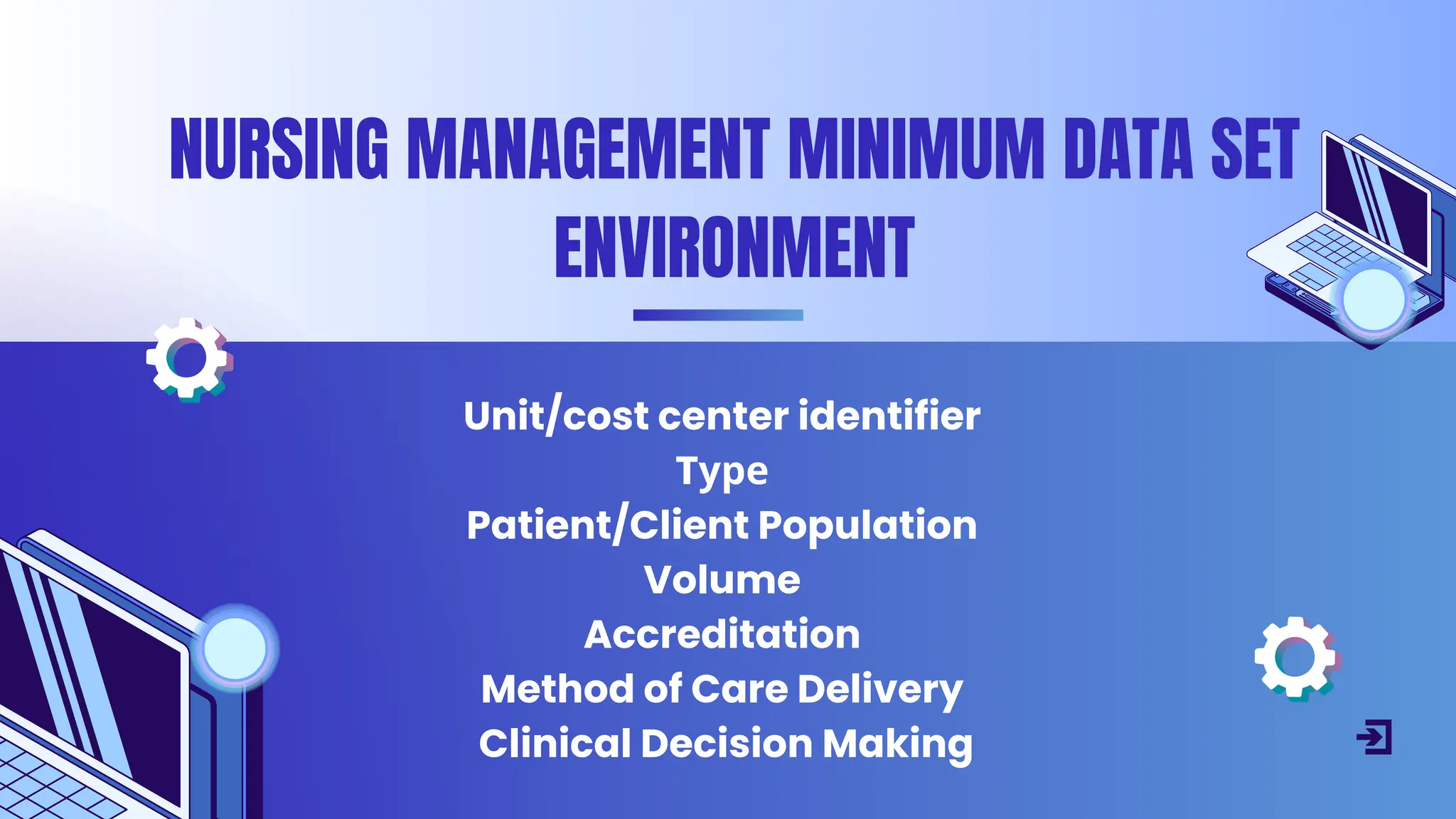 Unit/cost center identifier
Tуре
Patient/Client Population
Volume
Accreditation
Method of Care Delivery
Clinical Decision Making
NURSING MANAGEMENT MINIMUM DATA SET
ENVIRONMENT
 