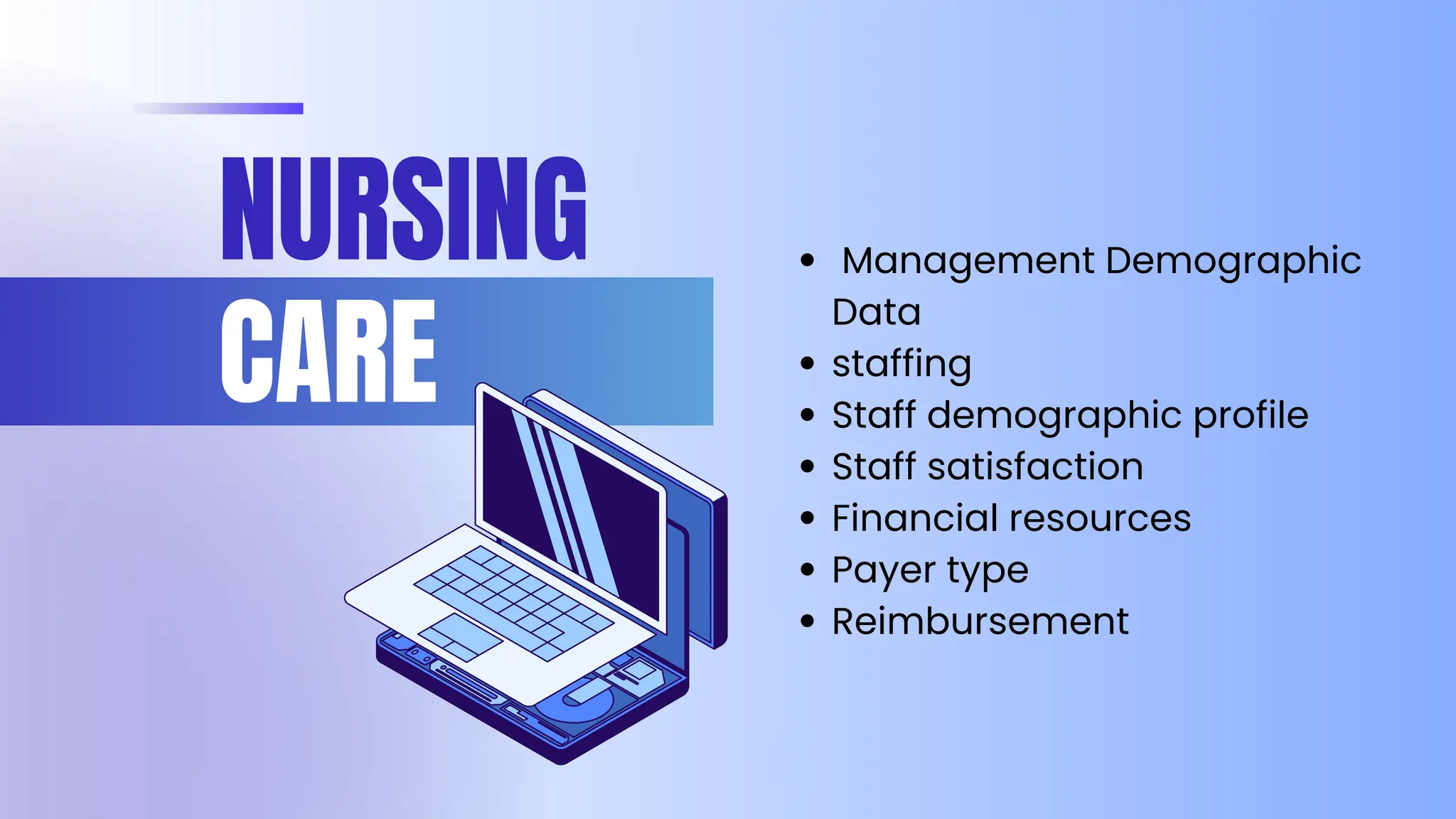NURSING
CARE
Management Demographic
Data
staffing
Staff demographic profile
Staff satisfaction
Financial resources
Payer type
Reimbursement
 