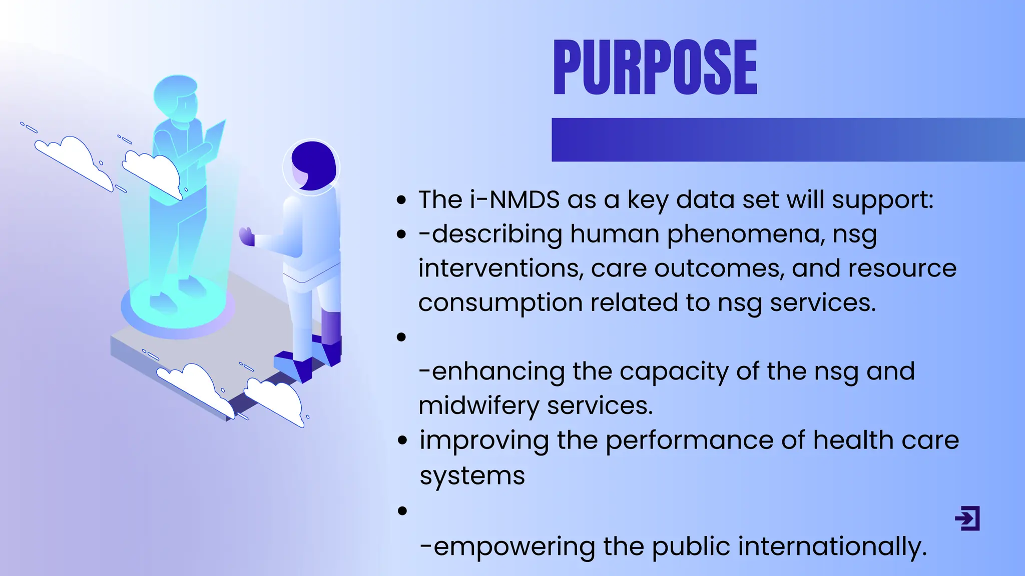 PURPOSE
The i-NMDS as a key data set will support:
-describing human phenomena, nsg
interventions, care outcomes, and resource
consumption related to nsg services.
﻿
-enhancing the capacity of the nsg and
midwifery services.
improving the performance of health care
systems
﻿
-empowering the public internationally.
 