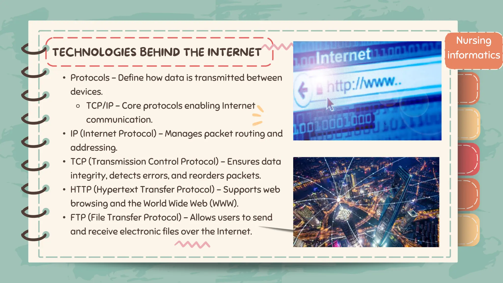)
)
)
)
)
)
)
)
)
• Protocols – Define how data is transmitted between
devices.
⚬ TCP/IP – Core protocols enabling Internet
communication.
• IP (Internet Protocol) – Manages packet routing and
addressing.
• TCP (Transmission Control Protocol) – Ensures data
integrity, detects errors, and reorders packets.
• HTTP (Hypertext Transfer Protocol) – Supports web
browsing and the World Wide Web (WWW).
• FTP (File Transfer Protocol) – Allows users to send
and receive electronic files over the Internet.
Nursing
informatics
)
)
)
)
)
)
)
)
)
 