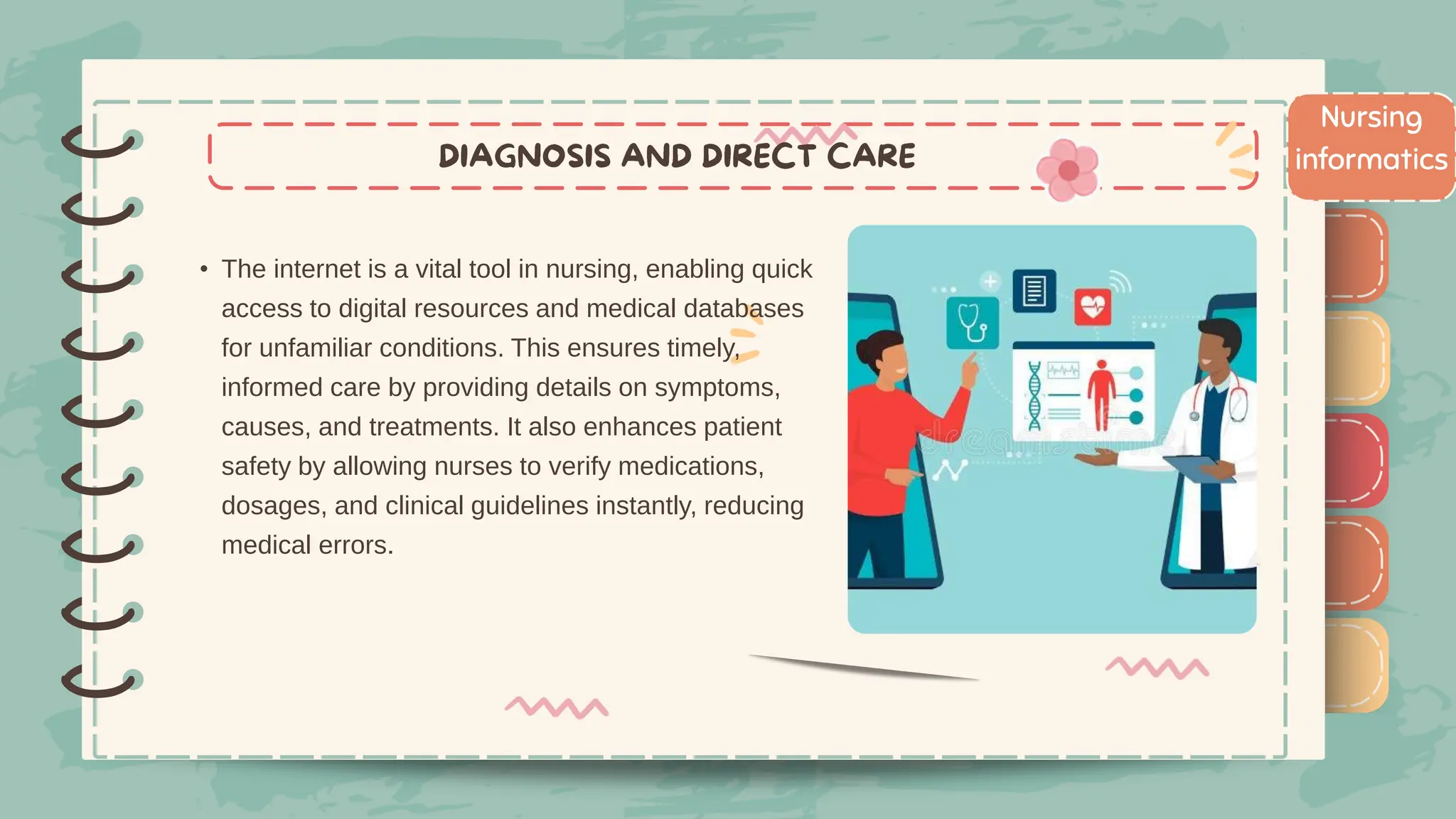 )
)
)
)
)
)
)
)
) Nursing
informatics
• The internet is a vital tool in nursing, enabling quick
access to digital resources and medical databases
for unfamiliar conditions. This ensures timely,
informed care by providing details on symptoms,
causes, and treatments. It also enhances patient
safety by allowing nurses to verify medications,
dosages, and clinical guidelines instantly, reducing
medical errors.
)
)
)
)
)
)
)
)
)
 