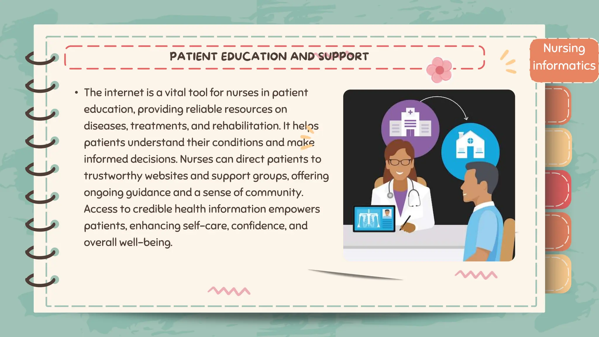 )
)
)
)
)
)
)
)
)
• The internet is a vital tool for nurses in patient
education, providing reliable resources on
diseases, treatments, and rehabilitation. It helps
patients understand their conditions and make
informed decisions. Nurses can direct patients to
trustworthy websites and support groups, offering
ongoing guidance and a sense of community.
Access to credible health information empowers
patients, enhancing self-care, confidence, and
overall well-being.
Nursing
informatics
)
)
)
)
)
)
)
)
)
 