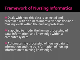 Deals with how this data is collected and
processed with an aim to improve various decision-
making levels within the nursing profession.
Is applied to model the human processing of
data, information, and knowledge within a
computer system.
Automates the processing of nursing data to
information and the transformation of nursing
information to nursing knowledge.
 