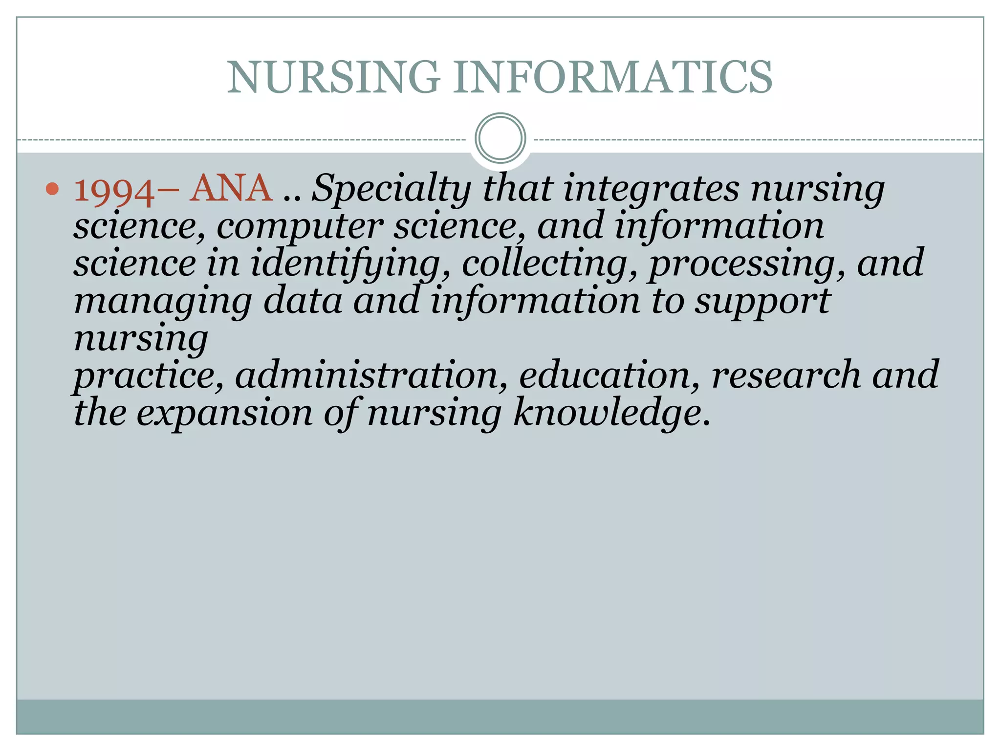 NURSING INFORMATICS1994– ANA .. Specialty that integrates nursing science, computer science, and information science in identifying, collecting, processing, and managing data and information to support nursing practice, administration, education, research and the expansion of nursing knowledge.