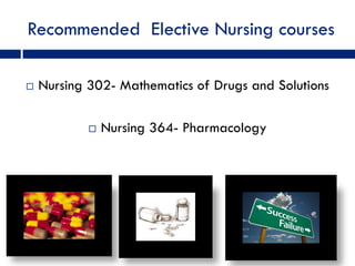 Recommended Elective Nursing courses

   Nursing 302- Mathematics of Drugs and Solutions

               Nursing 364- Pharmacology
 