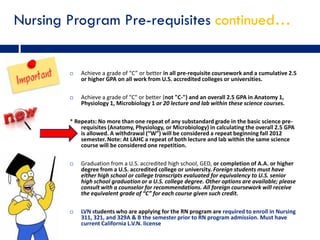 Nursing Program Pre-requisites continued…


           Achieve a grade of “C” or better in all pre-requisite coursework and a cumulative 2.5
            or higher GPA on all work from U.S. accredited colleges or universities.

           Achieve a grade of "C" or better (not "C-") and an overall 2.5 GPA in Anatomy 1,
            Physiology 1, Microbiology 1 or 20 lecture and lab within these science courses.

        * Repeats: No more than one repeat of any substandard grade in the basic science pre-
            requisites (Anatomy, Physiology, or Microbiology) in calculating the overall 2.5 GPA
            is allowed. A withdrawal (“W”) will be considered a repeat beginning fall 2012
            semester. Note: At LAHC a repeat of both lecture and lab within the same science
            course will be considered one repetition.

           Graduation from a U.S. accredited high school, GED, or completion of A.A. or higher
            degree from a U.S. accredited college or university. Foreign students must have
            either high school or college transcripts evaluated for equivalency to U.S. senior
            high school graduation or a U.S. college degree. Other options are available; please
            consult with a counselor for recommendations. All foreign coursework will receive
            the equivalent grade of “C” for each course given such credit.

           LVN students who are applying for the RN program are required to enroll in Nursing
            311, 321, and 329A & B the semester prior to RN program admission. Must have
            current California L.V.N. license
 