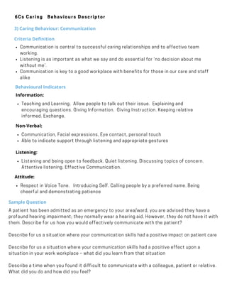 Behavioural Indicators
Teaching and Learning.  Allow people to talk out their issue.  Explaining and
encouraging questions. Giving Information.  Giving Instruction. Keeping relative
informed. Exchange.
Information:
·        
Communication, Facial expressions, Eye contact, personal touch
Able to indicate support through listening and appropriate gestures
Non-Verbal:
     
Listening and being open to feedback. Quiet listening. Discussing topics of concern.
Attentive listening. Effective Communication.
Listening:
·        
Sample Question
A patient has been admitted as an emergency to your area/ward, you are advised they have a
profound hearing impairment; they normally wear a hearing aid. However, they do not have it with
them. Describe for us how you would effectively communicate with the patient?
Describe for us a situation where your communication skills had a positive impact on patient care
Describe for us a situation where your communication skills had a positive effect upon a
situation in your work workplace – what did you learn from that situation
Describe a time when you found it difficult to communicate with a colleague, patient or relative. 
What did you do and how did you feel?
6Cs Caring Behaviours Descriptor
3) Caring Behaviour: Communication
Criteria Definition
Communication is central to successful caring relationships and to effective team
working.
Listening is as important as what we say and do essential for ‘no decision about me
without me’.
Communication is key to a good workplace with benefits for those in our care and staff
alike
Respect in Voice Tone.   Introducing Self. Calling people by a preferred name. Being
cheerful and demonstrating patience
Attitude:
·        
 
