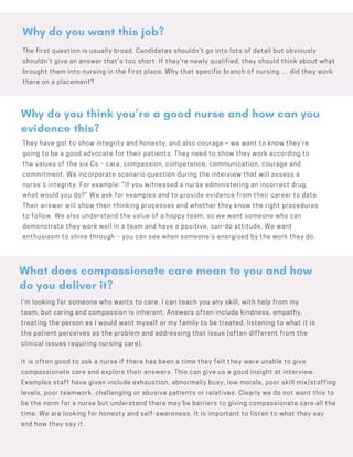 Why do you want this job?
The first question is usually broad. Candidates shouldn’t go into lots of detail but obviously
shouldn’t give an answer that’s too short. If they’re newly qualified, they should think about what
brought them into nursing in the first place. Why that specific branch of nursing … did they work
there on a placement?
Why do you think you’re a good nurse and how can you
evidence this?
They have got to show integrity and honesty, and also courage – we want to know they’re
going to be a good advocate for their patients. They need to show they work according to
the values of the six Cs – care, compassion, competence, communication, courage and
commitment. We incorporate scenario question during the interview that will assess a
nurse’s integrity. For example: “If you witnessed a nurse administering an incorrect drug,
what would you do?” We ask for examples and to provide evidence from their career to date.
Their answer will show their thinking processes and whether they know the right procedures
to follow. We also understand the value of a happy team, so we want someone who can
demonstrate they work well in a team and have a positive, can-do attitude. We want
enthusiasm to shine through – you can see when someone’s energised by the work they do.
What does compassionate care mean to you and how
do you deliver it?
I’m looking for someone who wants to care. I can teach you any skill, with help from my
team, but caring and compassion is inherent. Answers often include kindness, empathy,
treating the person as I would want myself or my family to be treated, listening to what it is
the patient perceives as the problem and addressing that issue (often different from the
clinical issues requiring nursing care).
It is often good to ask a nurse if there has been a time they felt they were unable to give
compassionate care and explore their answers. This can give us a good insight at interview.
Examples staff have given include exhaustion, abnormally busy, low morale, poor skill mix/staffing
levels, poor teamwork, challenging or abusive patients or relatives. Clearly we do not want this to
be the norm for a nurse but understand there may be barriers to giving compassionate care all the
time. We are looking for honesty and self-awareness. It is important to listen to what they say
and how they say it.
 