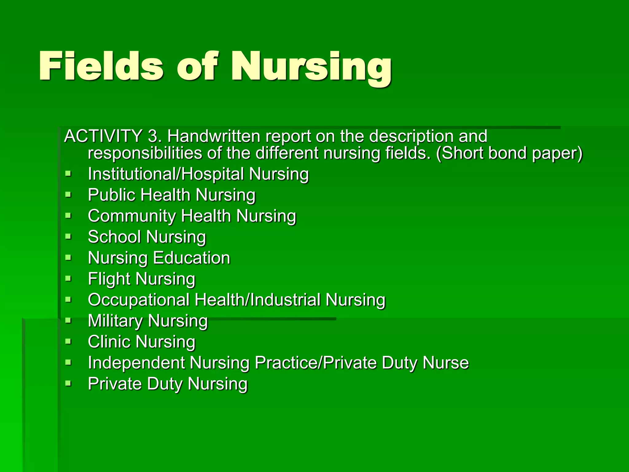 Fields of Nursing
ACTIVITY 3. Handwritten report on the description and
responsibilities of the different nursing fields. (Short bond paper)
 Institutional/Hospital Nursing
 Public Health Nursing
 Community Health Nursing
 School Nursing
 Nursing Education
 Flight Nursing
 Occupational Health/Industrial Nursing
 Military Nursing
 Clinic Nursing
 Independent Nursing Practice/Private Duty Nurse
 Private Duty Nursing
 